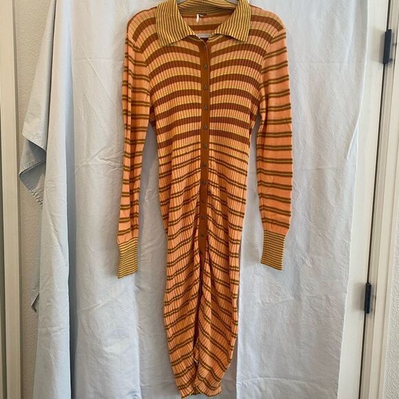 Free People Dresses & Skirts - Free People Striped Orange and Yellow Button-Up Dress